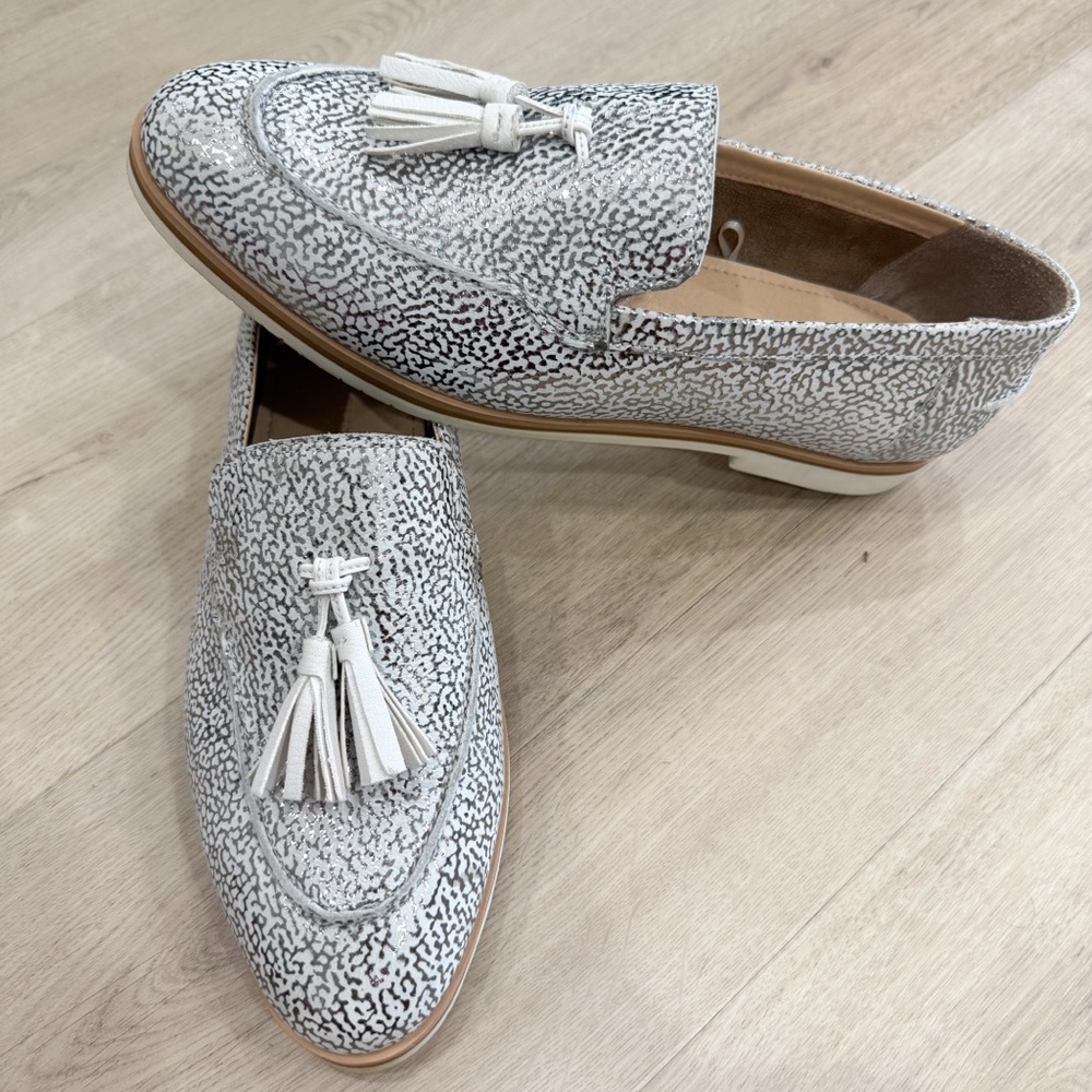 Metallic and white loafers